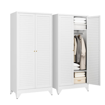 Armoire Wardrobe Closet, 20" Deep Metal Wardrobe Cabinet with Doors and Shelves, Hanging Rod Clothing Storage Cabinets
