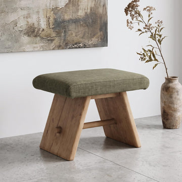 Upholstered Green Ottoman, Reclaimed Pine Wood Sculptural Base