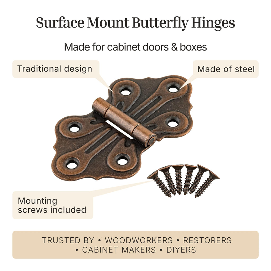 Antique Copper Butterfly Hinges - 2-7/8" x 1-11/16" - Pack of 2 - Decorative Surface Mount Hinges for Cabinet Doors