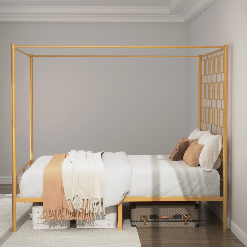 King Canopy Bed Frame, Gold Metal Bed, No Box Spring Needed