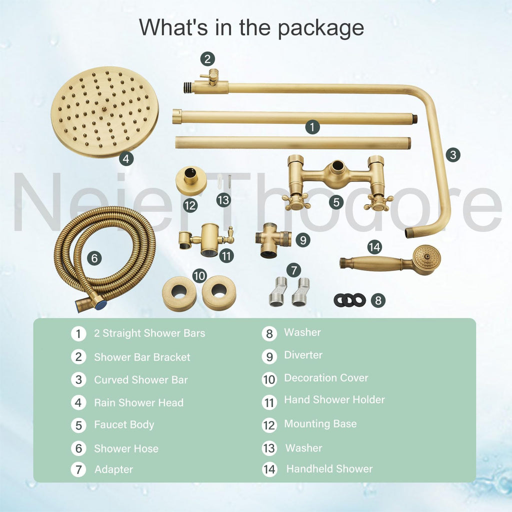 Antique Brass Bathroom Shower Faucet System Set 8 Inch Rainfall Shower Head Handheld Spray 2 Knobs Mixing