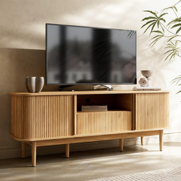 Modern TV Stand for 45/55/70 inch TV, Entertainment Center with Sliding Doors and Storage, Wood TV Stand, Natural