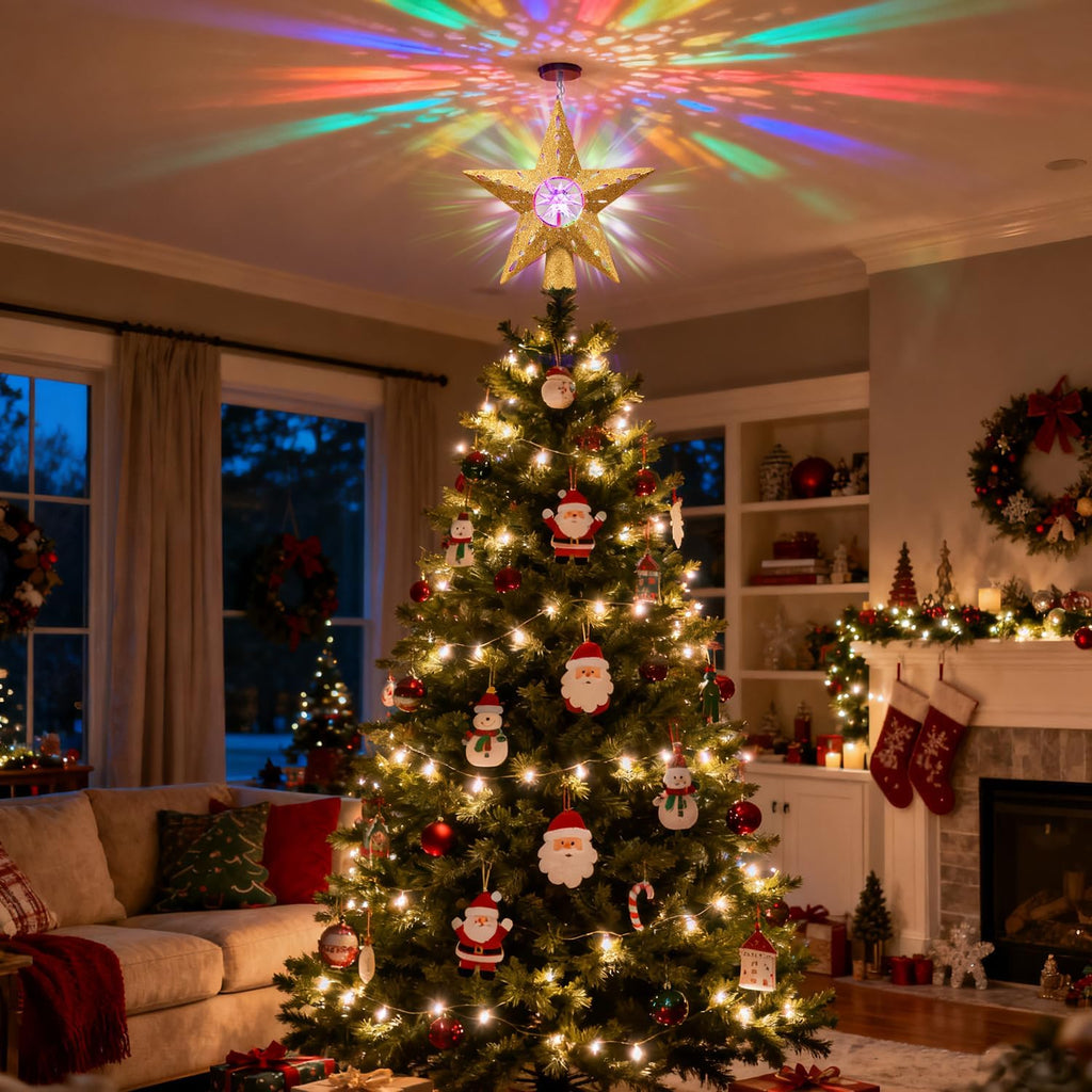 Gold Rotating Christmas Tree Topper Star with RGB LED Lights, 3D Crystal Diamond Center, Spinning Projection, Glitter