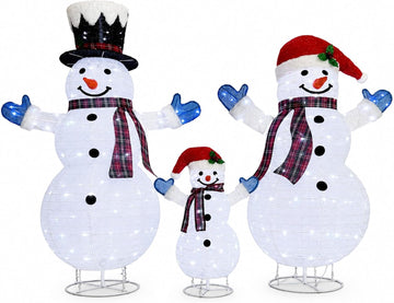 3-Piece 3D Lighted Snowman Family Set Outdoor Christmas Decorations Outdoor Snowman Decorations Collapsible Snowmen