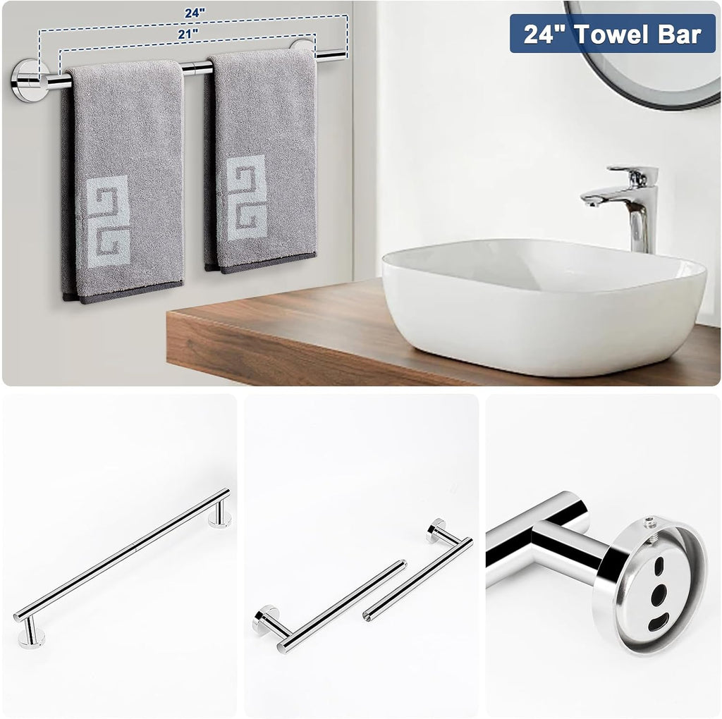 5 Pieces Bathroom Hardware Set SUS304 Thicken Stainless Steel-Towel Rack Kit Include 24" Towel Rod + Bath Towel Ring