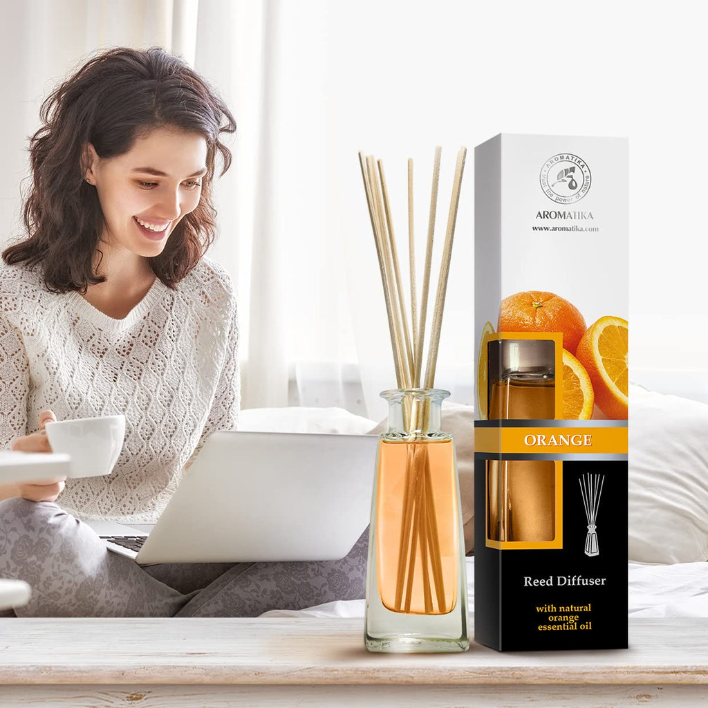 Orange Diffuser w/Orange Oil 3.4 Fl Oz - Fresh Room - Long Lasting Fragrance - Scented Reed Diffuser Orange