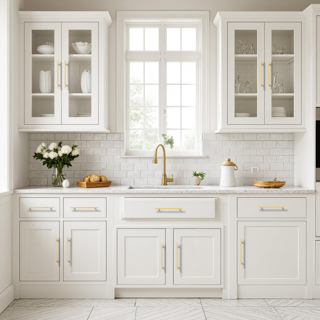 Brushed Brass Cabinet Pulls & Handles 7.5" CC Square 5 Pack