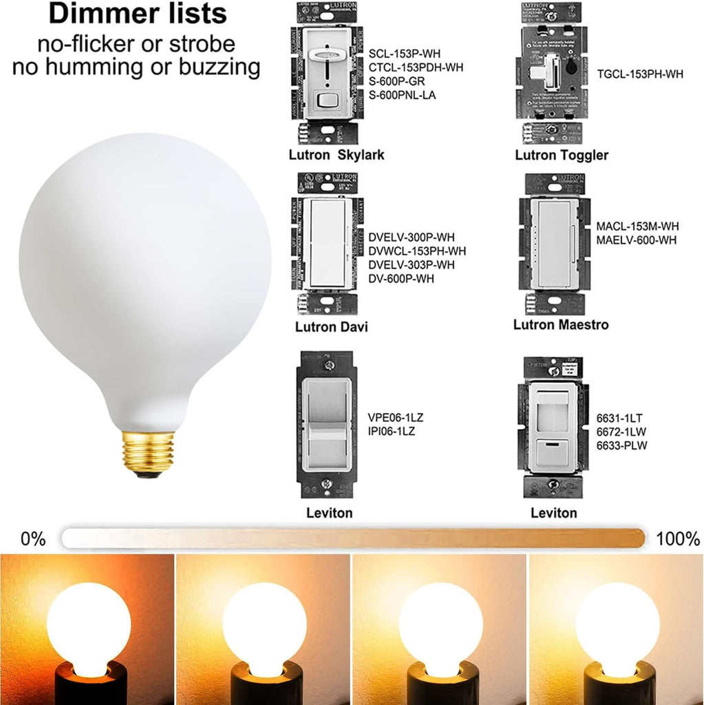 Globe Light Bulbs 60 Watt Replacement for Decorative,Matt White,E26 Dimmable Warm White Large G40(G125) 6Watt(60Watt