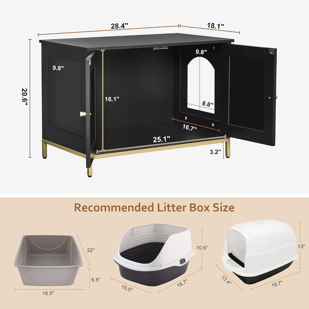 28.3" L Cat Litter Box Enclosure with Metal Frame, Black and Gold