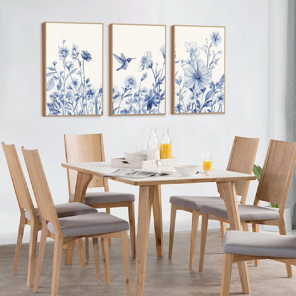 Vintage Blue Bird Flower Framed Canvas Wall Art, Large Chinoiserie Floral Wall Decor, Blue White Botanical Artwork Set