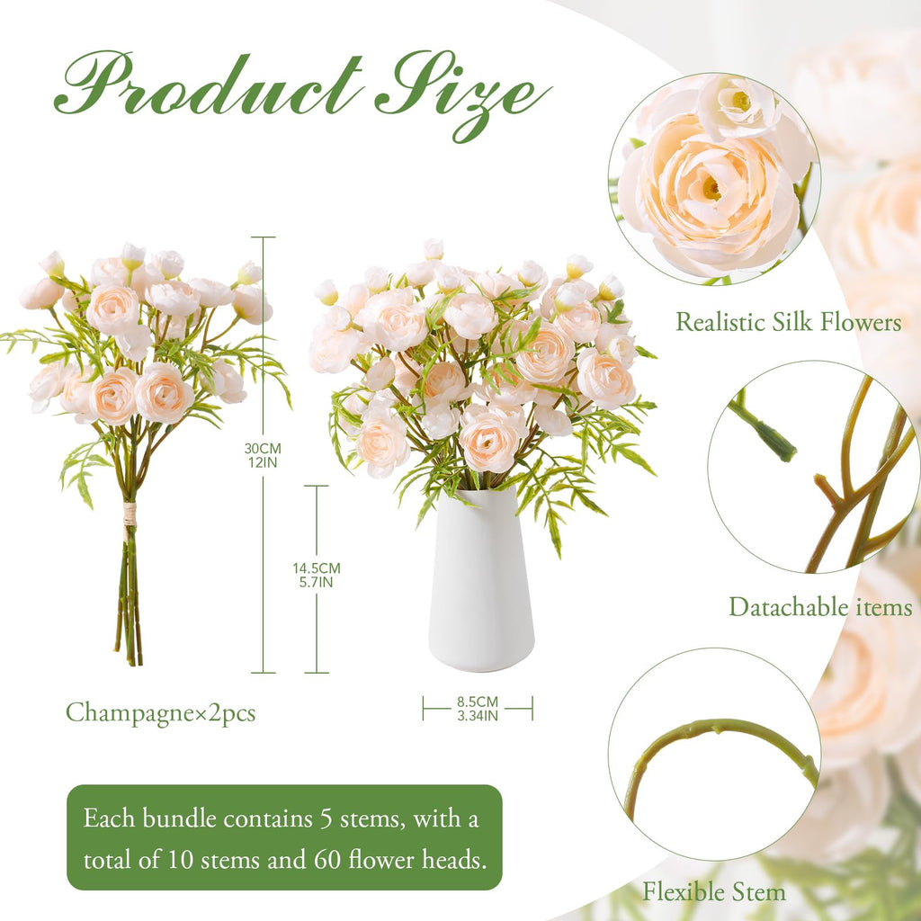 Ranunculus Artificial Flowers with Vase, 10 Pcs Faux Silk Mini Ranunculus Bouquet Wedding Centerpiece DIY Floral