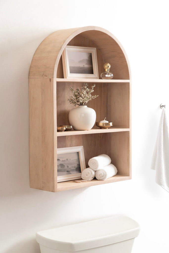 Arcott Modern Arched Wall Shelf, 18 x 26, Natural Wood, Transitional Arch Wall Shelves for Over-the-Toilet Storage or