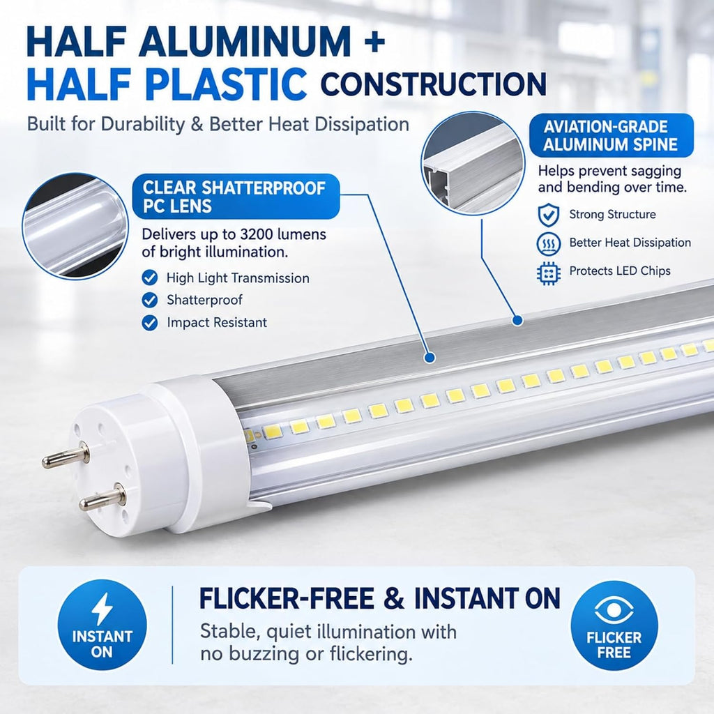 T8 LED Bulbs 4 Foot, Type A+B 4FT LED Tube 24W, 3200LM