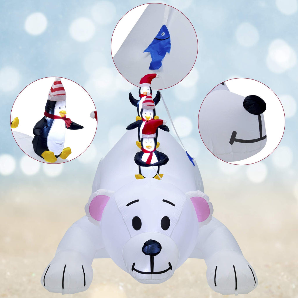 Christmas 7.7(L) x 6 FT(H) Inflatables Lighted Polar Bear with Three Penguins, Blow Up White Bear Happy Fishing