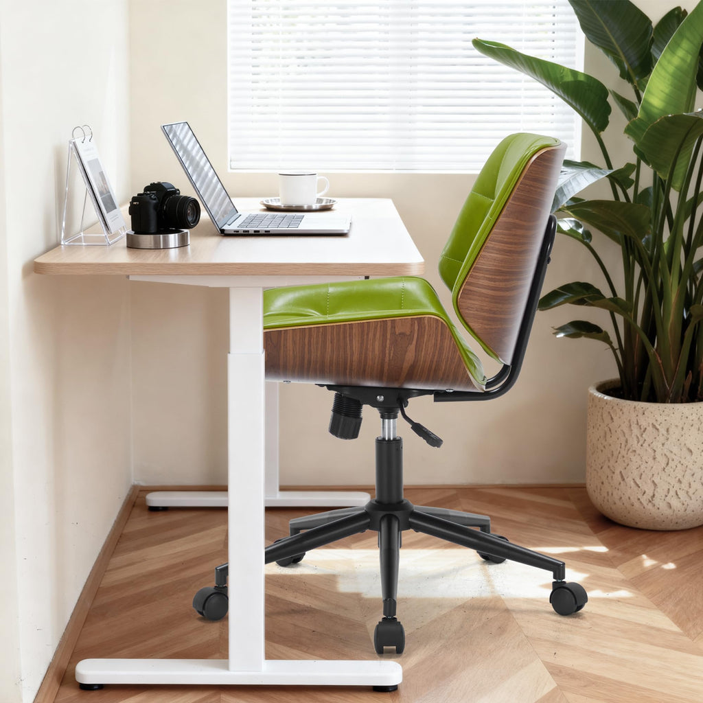 Mid-Century Modern Home Office Chair, Accent Desk Chair with Walnut Finish&PU Leather, Armless Executive Computer Chair