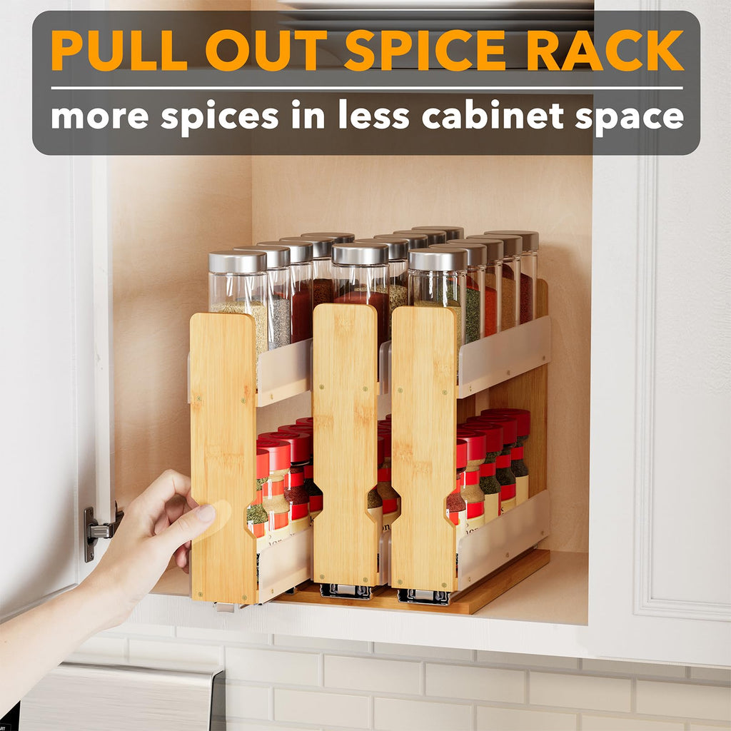 Bamboo Pull Out Spice Rack Organizer for Cabinet, Heavy Duty Slide Out Seasoning Kitchen Pantry Sliding Vertical