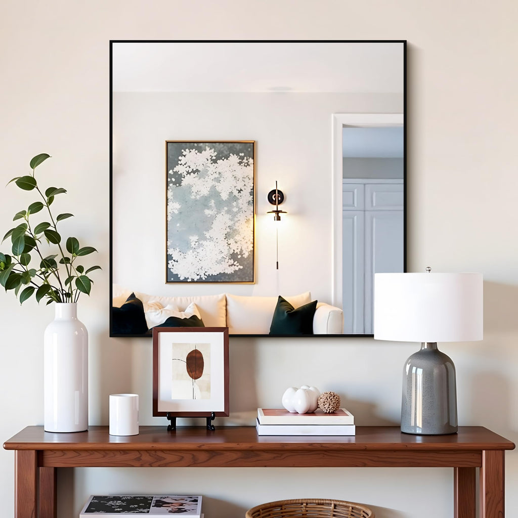 Black Bathroom Mirror for Wall, 30x30 Inch Rectangle Mirrors with Metal Frame, Modern Vanity Wall Square Mirror