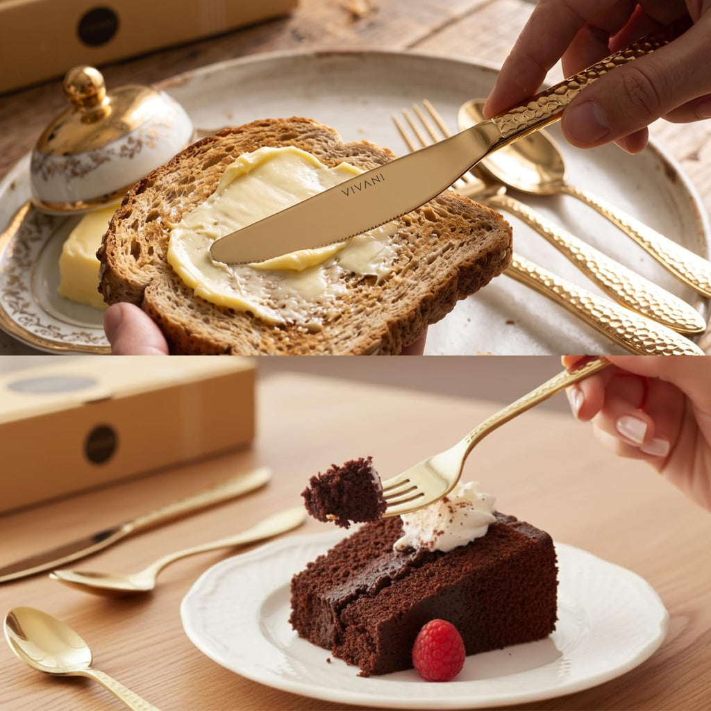 40-Piece Champagne Silverware Set for 8, Hammered Flatware Set