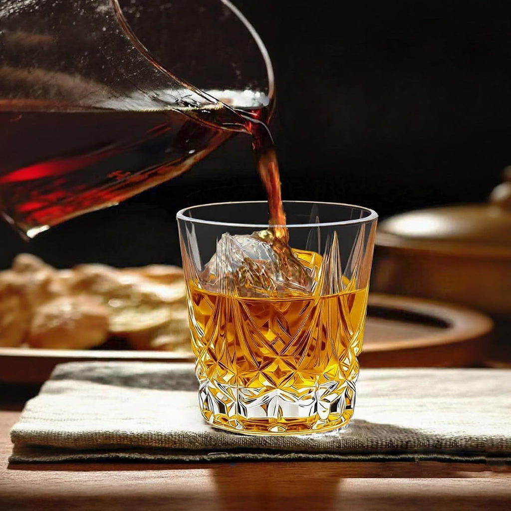 Crystal Whiskey Glasses Set of 6-10oz Old Fashioned Rocks Glasses with 3 Unique Designs - Heavy Base Tumblers for