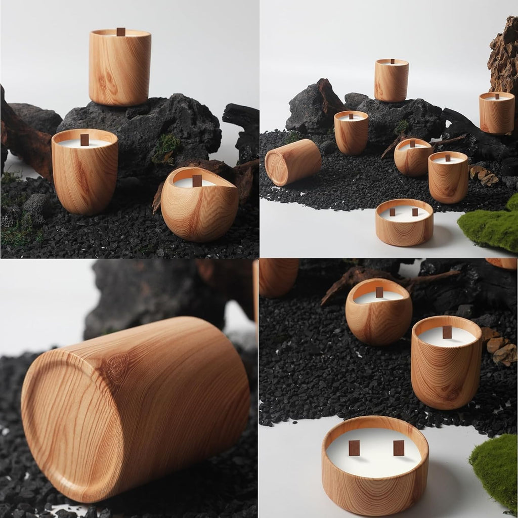 Nordic Pottery Vessel - Wooden Texture Ceramic Container for Scented Candle Crafting & Aromatherapy (3.15 x 3.54 in) - Set of 3
