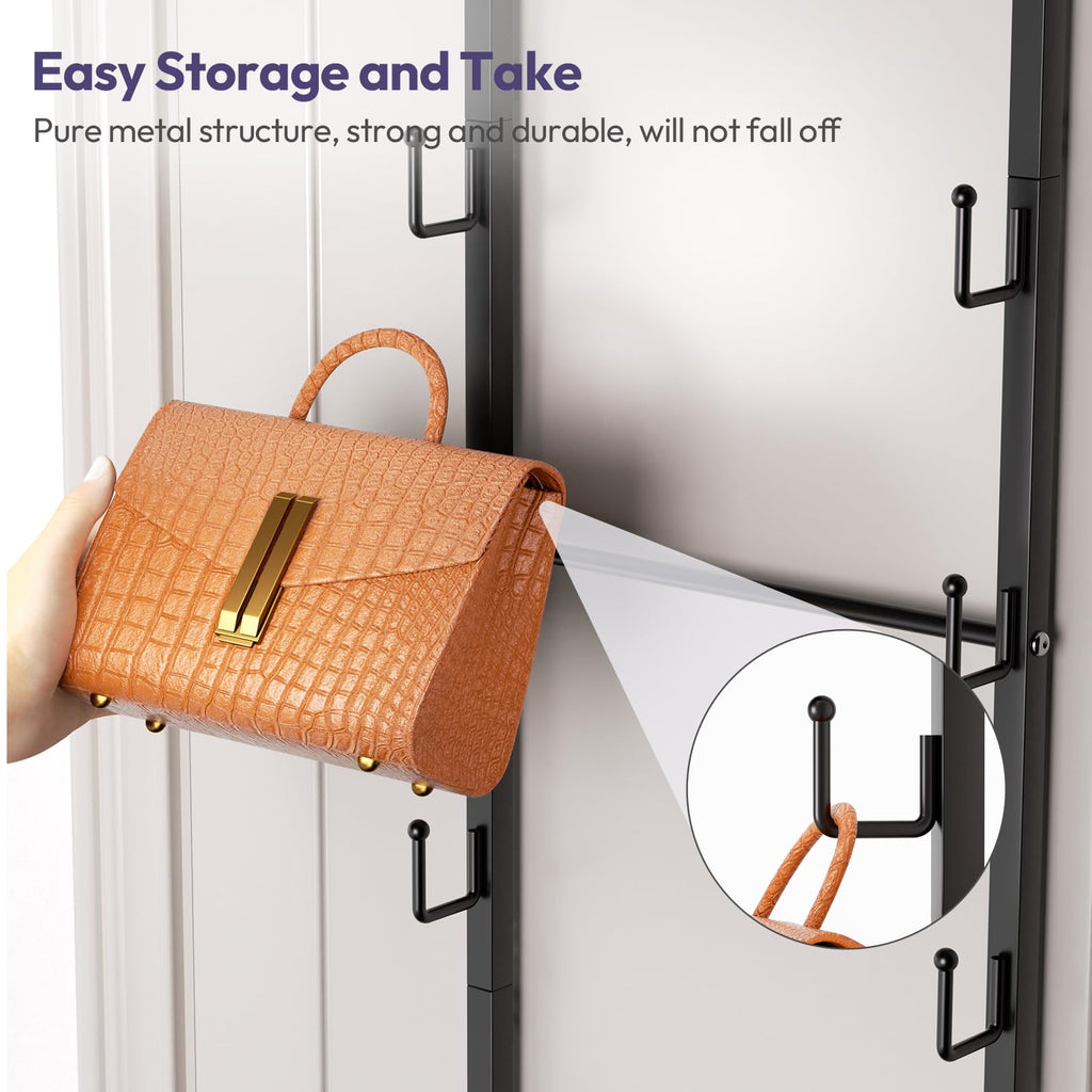 Over The Door Purse Organizer - Wall Mounted Purse Rack with 10 Hooks and Metal Basket, Handbag Hanger Organizer