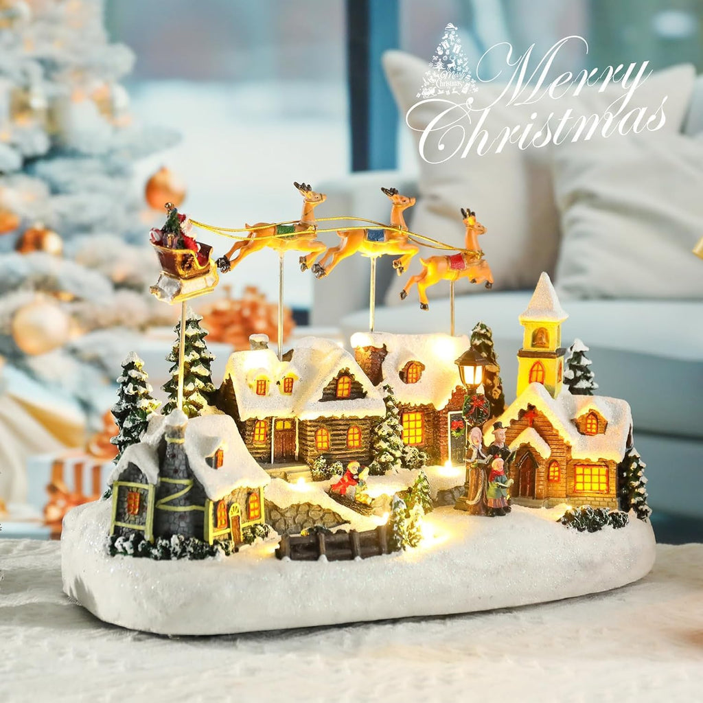 Christmas Village Lighted Decoration Musical Animated Display Christmas Collectible Santa Deer Battery Operated