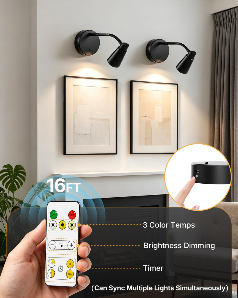 Picture Lights for Wall, 2 Pack 2500mAh Rechargeable Portable Magnetic Lamps with Flexible Gooseneck, Cordless LED