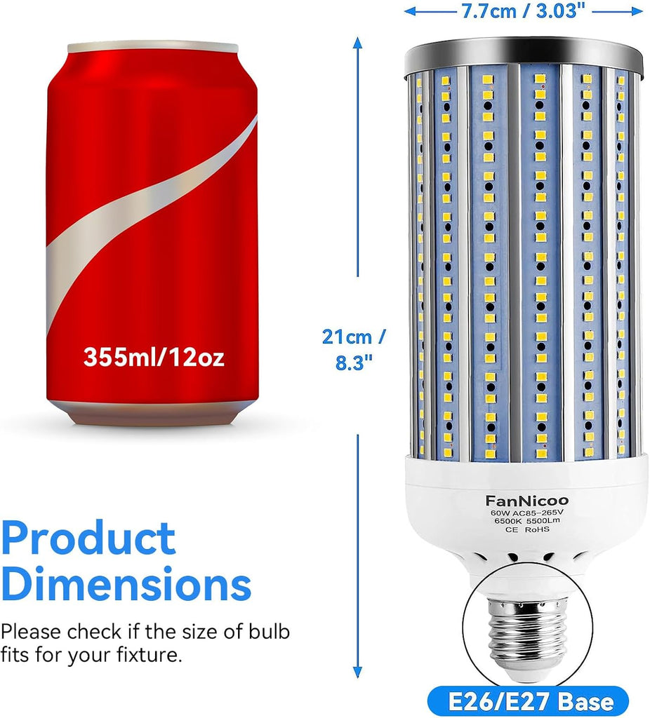 2 Pack 500W Equivalent LED Corn Light Bulb 5500 Lumen 6500K 60W Large Area Cool Daylight White E26/E27 Medium Base