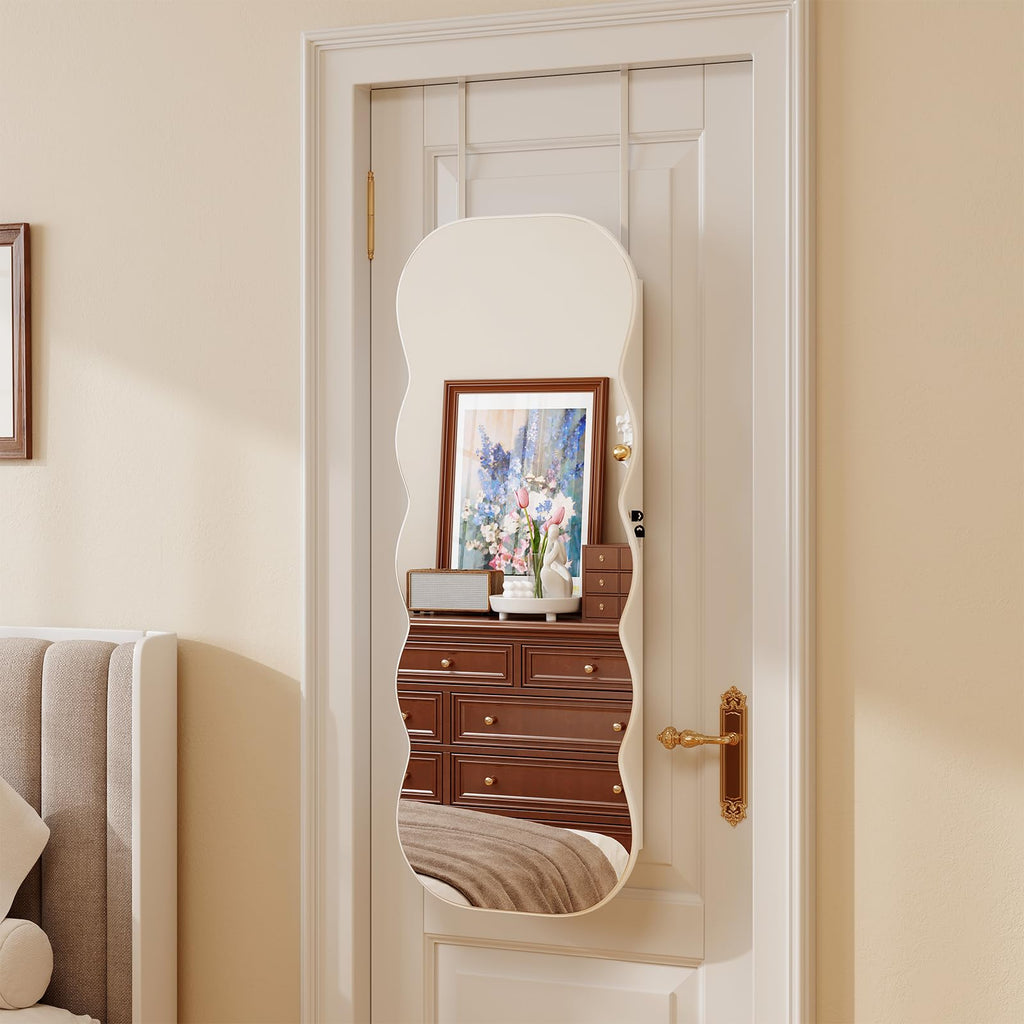 Wavy Mirror Jewelry Cabinet, Hanging Jewelry Organizer, White