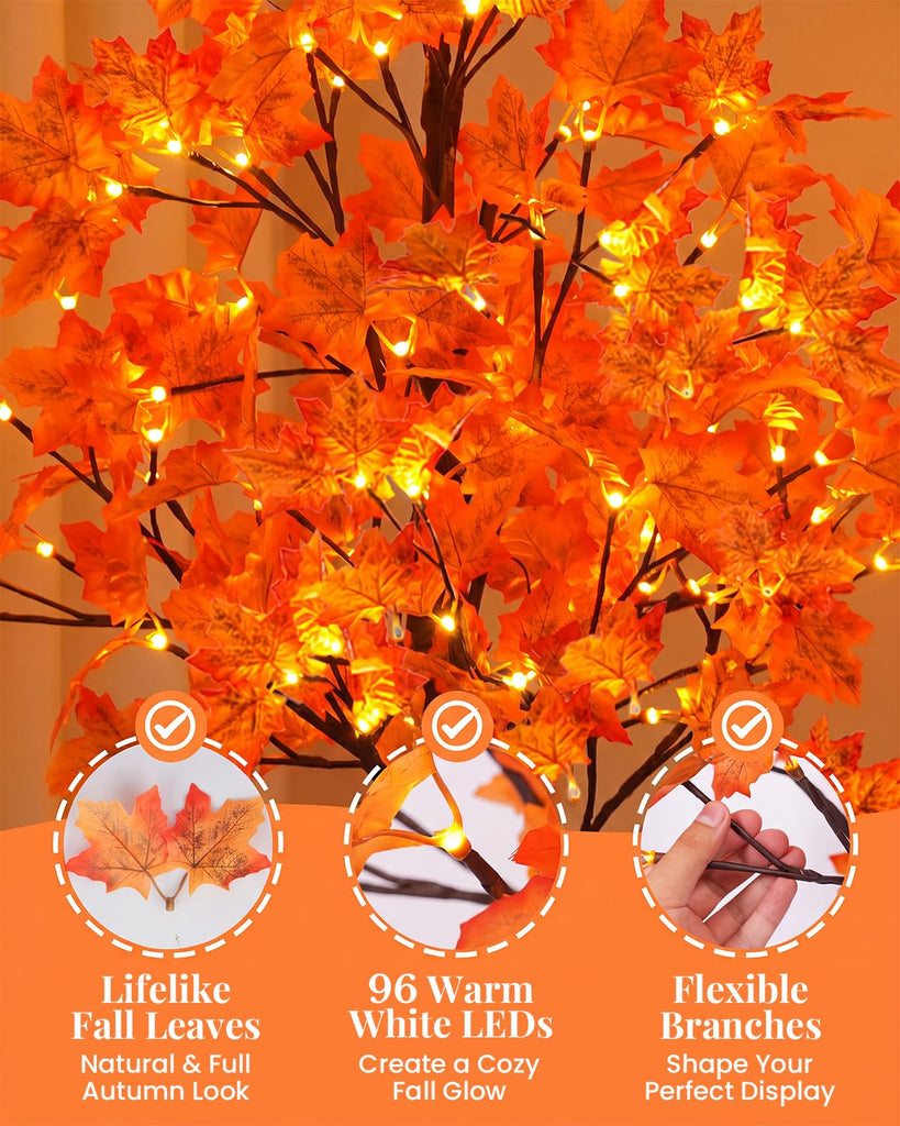 5FT Artificial Lighted Maple Tree with 96 LED & 192 Ultra-Dense Maple Leaves - Fall Decorations Maple Tree with Timer