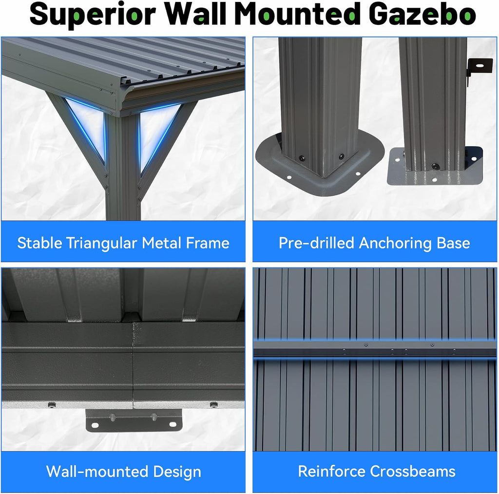 10x14FT Lean to Gazebo, Outdoor Hardtop Wall Mounted Gazebo with Gutter & Sloping Galvanized Steel Roof
