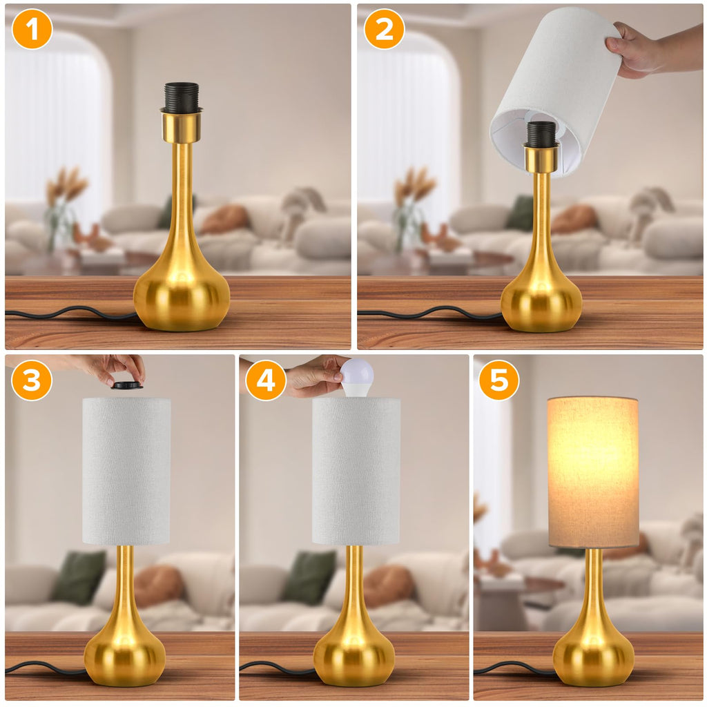 Touch Gold Table Lamp for Nightstand, 3-Way Dimmable, Space Saving & No Assembly Required, Upgraded Small Bedside