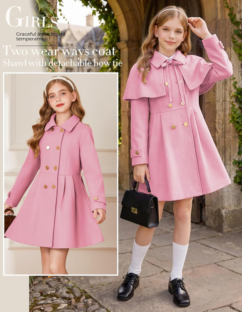 Girls Winter Wool Peacoat Coat Jacket Detachable Capelet