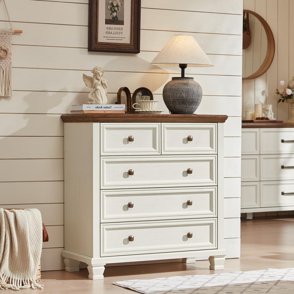 Farmhouse 5 Drawer Dresser Set of 2, 32.6 Inch Tall Modern Chest of Drawers, Mid Century Small Dressers w/Square