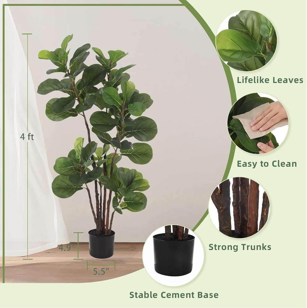 Faux Fiddle Leaf Fig Tree, 4 Ft Artificial Ficus Lyrata Plant