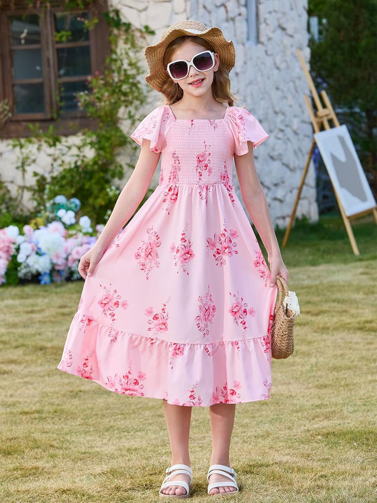 Girls Summer Dress Kids Square Neck Ruffle Sleeve Smocked Midi Dresses with Pockets