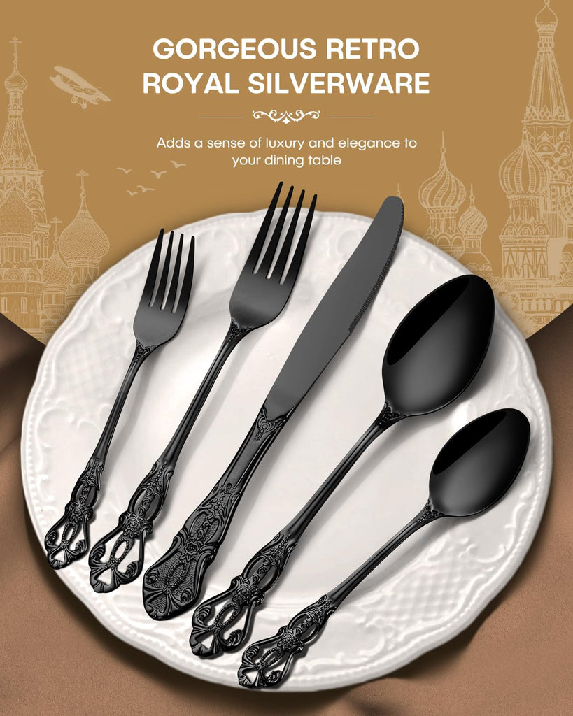 60 Pcs Black Silverware Set, Gorgeous Retro Royal Silverware Set for 12, Stainless Steel Mirror Flatware Cutlery Set