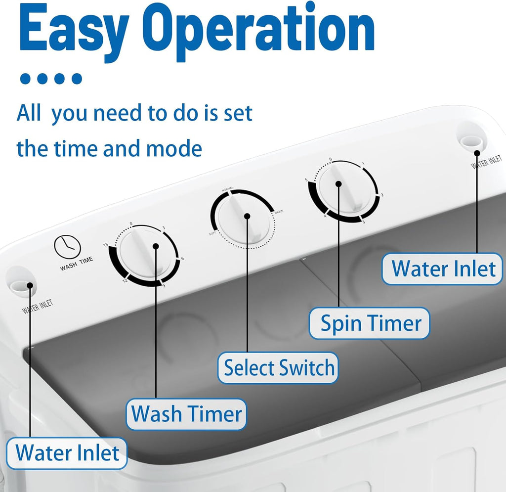 Portable Twin Tub 18.8lbs Washing Machine with Drying Rack and 10 Hangers, 11.8lbs Washer Mini Compact Laundry Machine