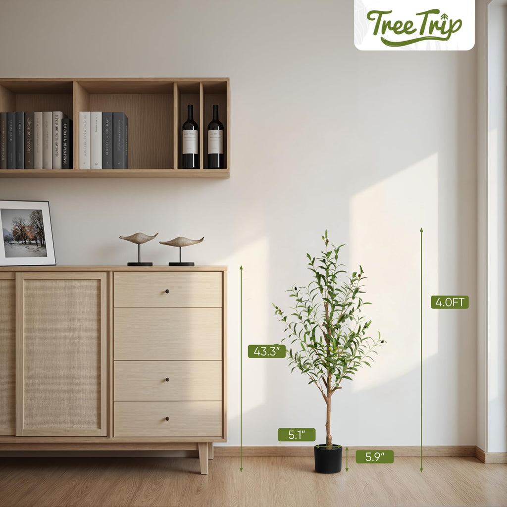 Olive Tree Artificial Indoor, 4 FT Faux Olive Trees with Planter, Fake Plants with Natural Trunk and Lifelike Fruits