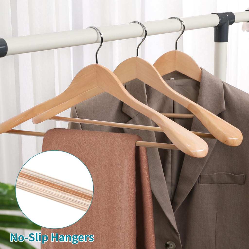 Solid Wood Suit Hangers, 10 Pack, Coat Hangers with Non Slip Trouser Bar, 360° Swivel Hook, Heavy Duty Wide Hangers