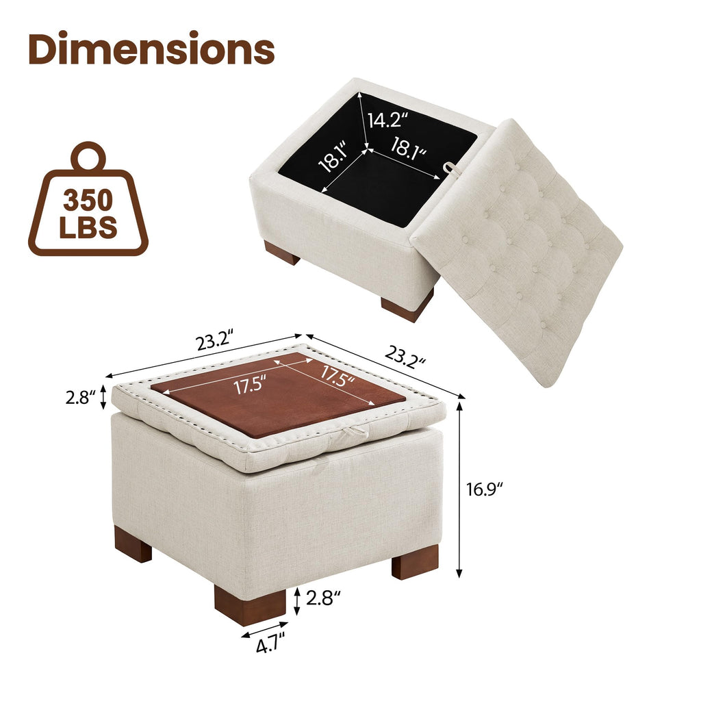 24 Inch Square Storage Ottoman Coffee Table, Modern Tufted Upholstered Ottoman with Flip Tray and Solid Wood Legs