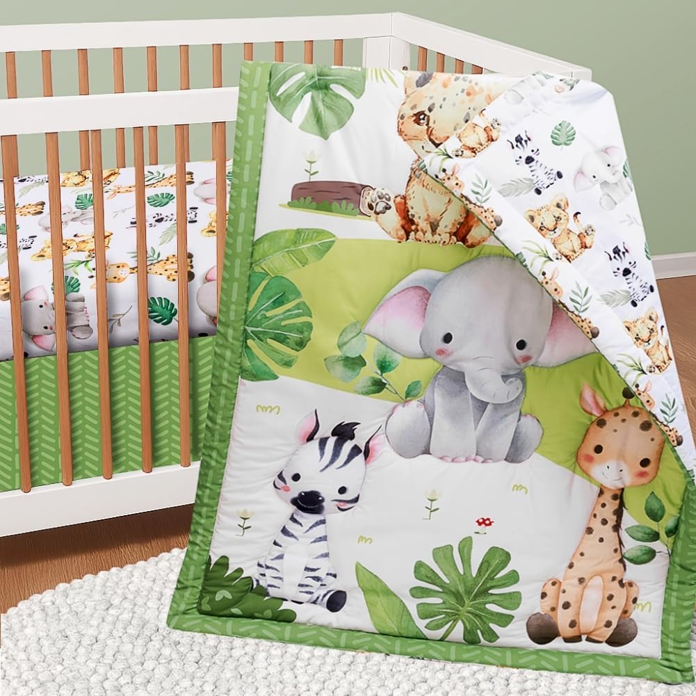 Baby Crib Bedding Set Safari Neutral Crib Nursery Comforter Bed Sets Decor with Fitted Crib Sheet, Comforter and Bed