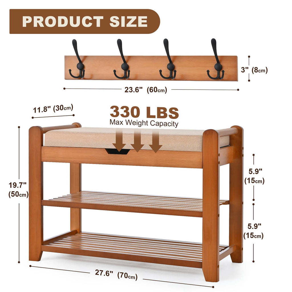 27.6in Shoe Rack with Storage Bamboo Entryway Bench with Drawer & Hooks