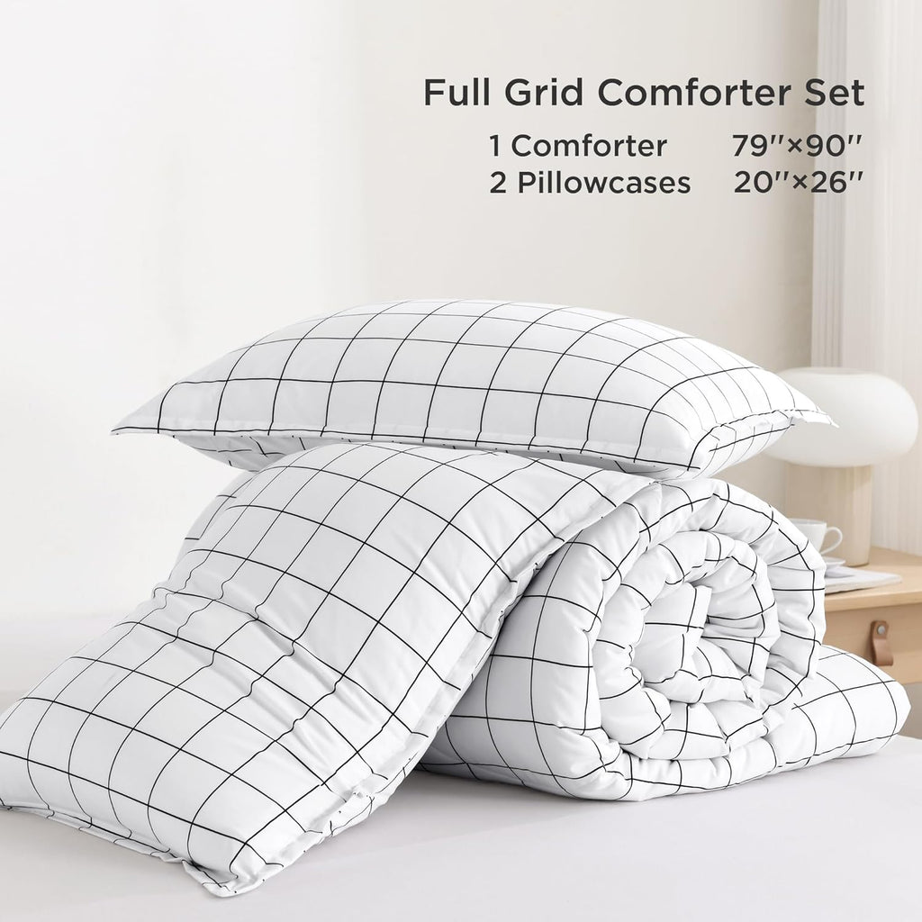 Full Comforter Sets, White Gingham Plaid Grid Checkered Bedding Comforter Set for Teens Boys Girls Kids, 3 Pieces