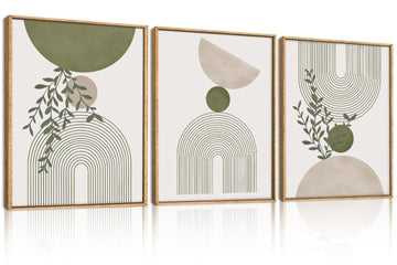 Boho Abstract Wall Art Canvas, Sage Green Wall Decor Framed, Geometric Line Art Prints Leaves, Minimalist Artwork