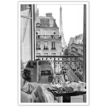 Vintage Girl Reading Newspaper Poster Eiffel Tower View Canvas Wall Retro Black And White Feminist Room Aesthetic