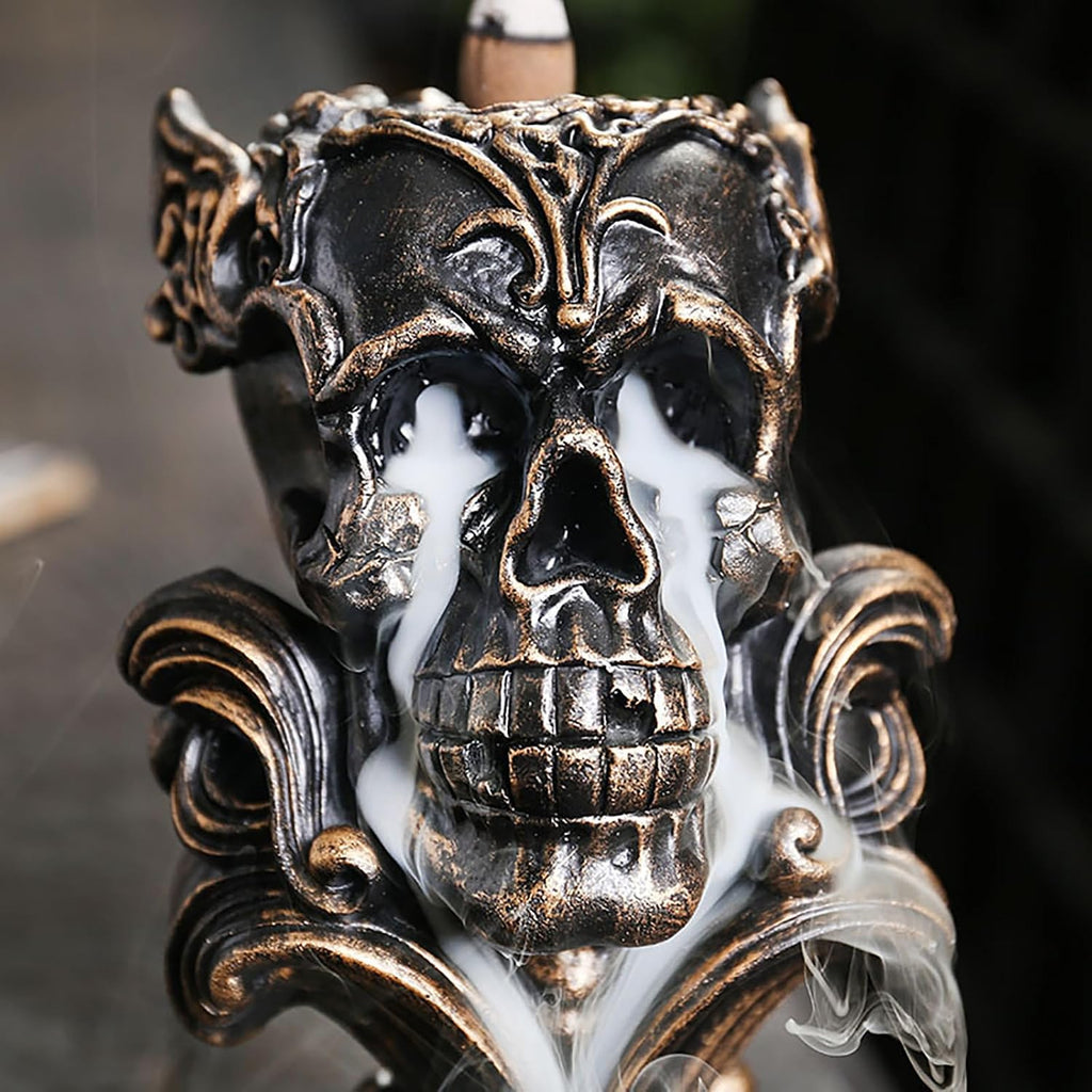 Backflow Incense Holder Burner Resin Skull Waterfall Metallic Gold - Set of 43