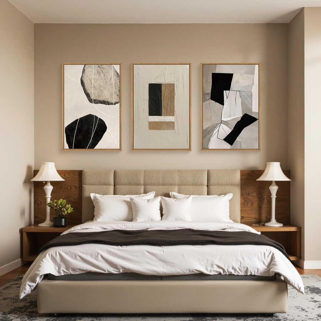 Modern Abstract Wall Art Set of 3, Black White Framed Paintings, Neutral Beige Pictures Wall Decor, 16x24 Inch