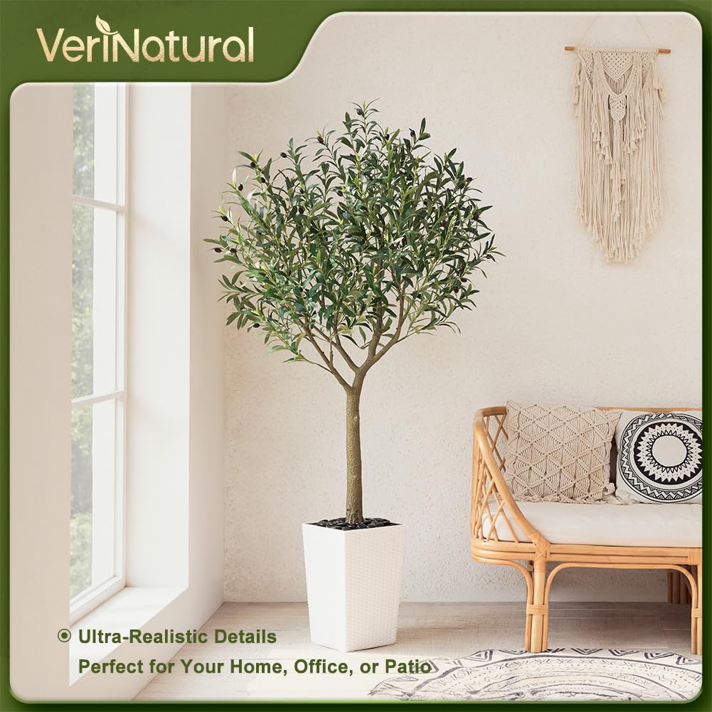 Artificial Olive Tree 6FT, UV Resistant Tall Fake Tree Indoor Outdoor with White Taper Planter & Pebbles - Potted
