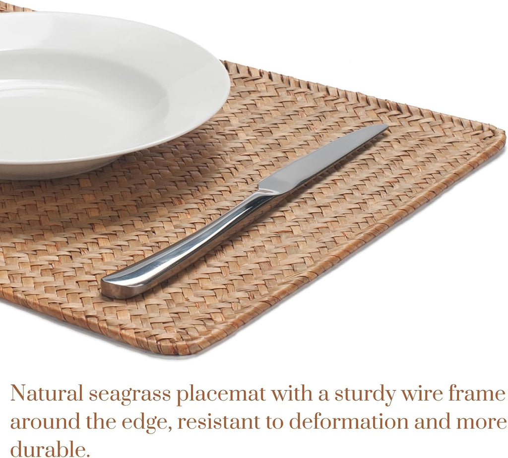 Rectangular Woven Placemats, Rattan Wicker Table Mats, 17" x 12", Natural Seagrass Place Mats for Dining Table - Set of 6